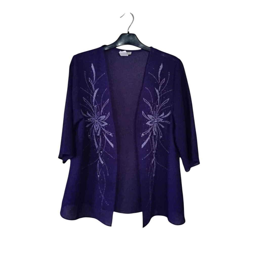 C.O.C. Purple Sheer Cardigan Beaded Floral Embroidery Open Front Made in USA M